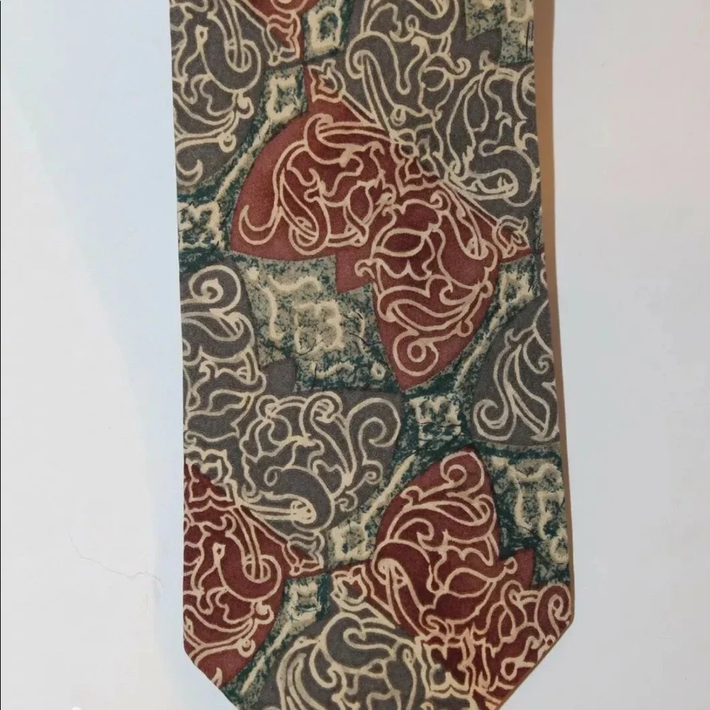 2/$20 Venanzi Men Neck Tie 100% Silk Abstract Cognac Wavy Design Gray Green - Picture 2 of 6
